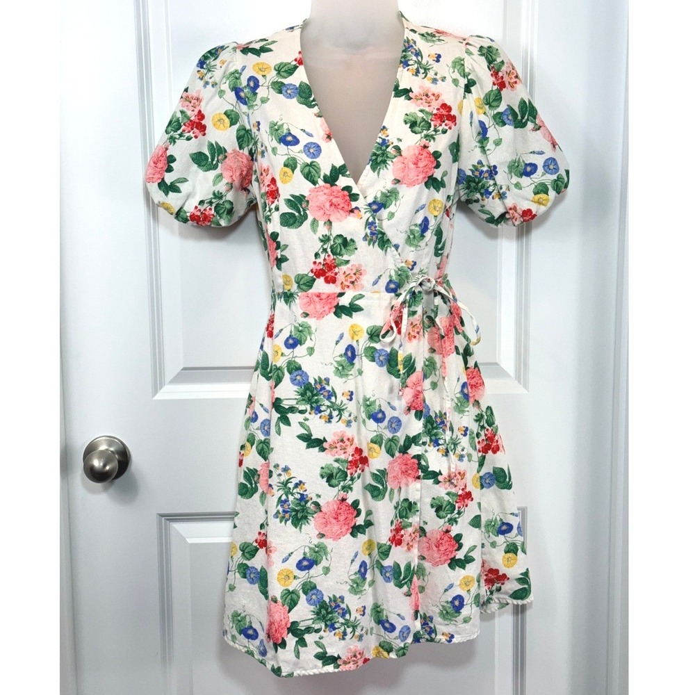 Old Navy Womens Small Floral Wrap Dress Midi Tie Waist White Pink Y2K Feminine